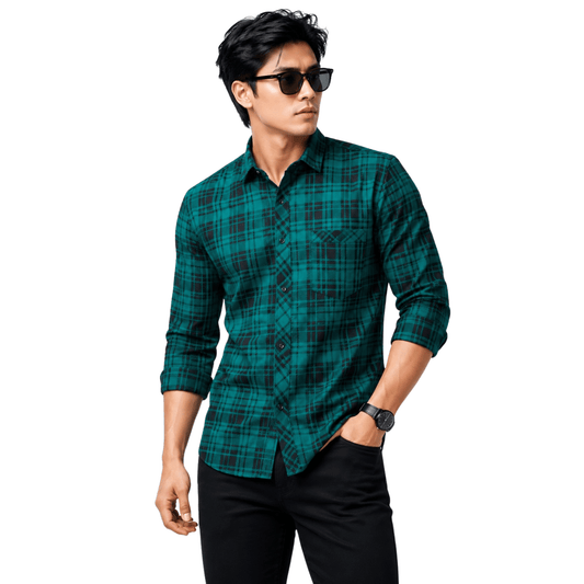 Men's Green & Black Plaid Casual Regular Fit Shirt - GarmentGlobe