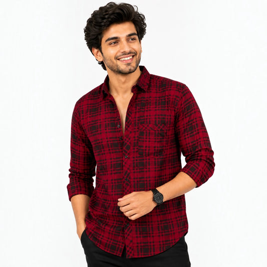 Men's Red Black Checked Cotton Casual Shirt Front View | GarmentGlobe1