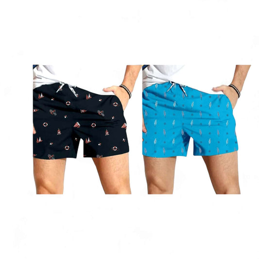 Men's boxer shorts combo in navy and sky blue with patterns, stylish and comfortable for casual wear.