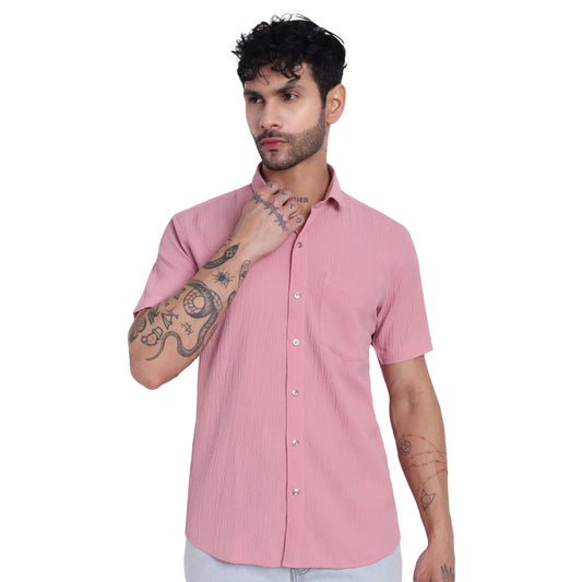 Men's casual half shirt in elegant pink color, featuring breathable fabric and stylish design for versatile wardrobe options.