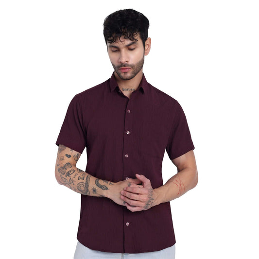 Men's short sleeve half-check cotton shirt in burgundy, perfect for summer casual wear.