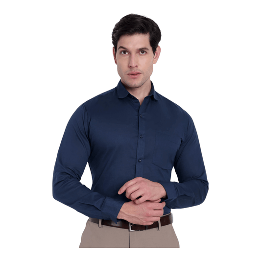 Men's full sleeve linen cotton formal shirt in navy blue, stylish and lightweight office wear.