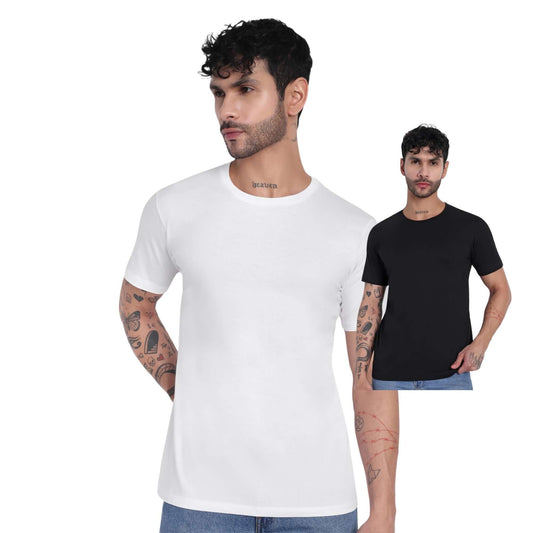 Pack of 2 plain cotton round-neck t-shirts for men in black and white, offering comfort and style.