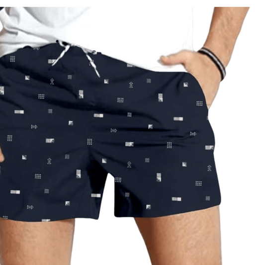 Men's swim shorts with stylish patterned design, perfect for beach or pool. Comfortable and trendy swimwear option.