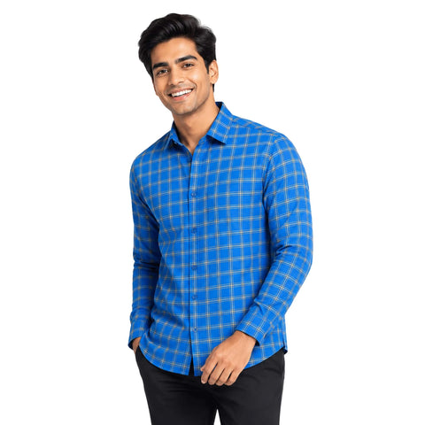 Garment Globe Men's Blue Check Shirt Khadi Cotton, Office & Home