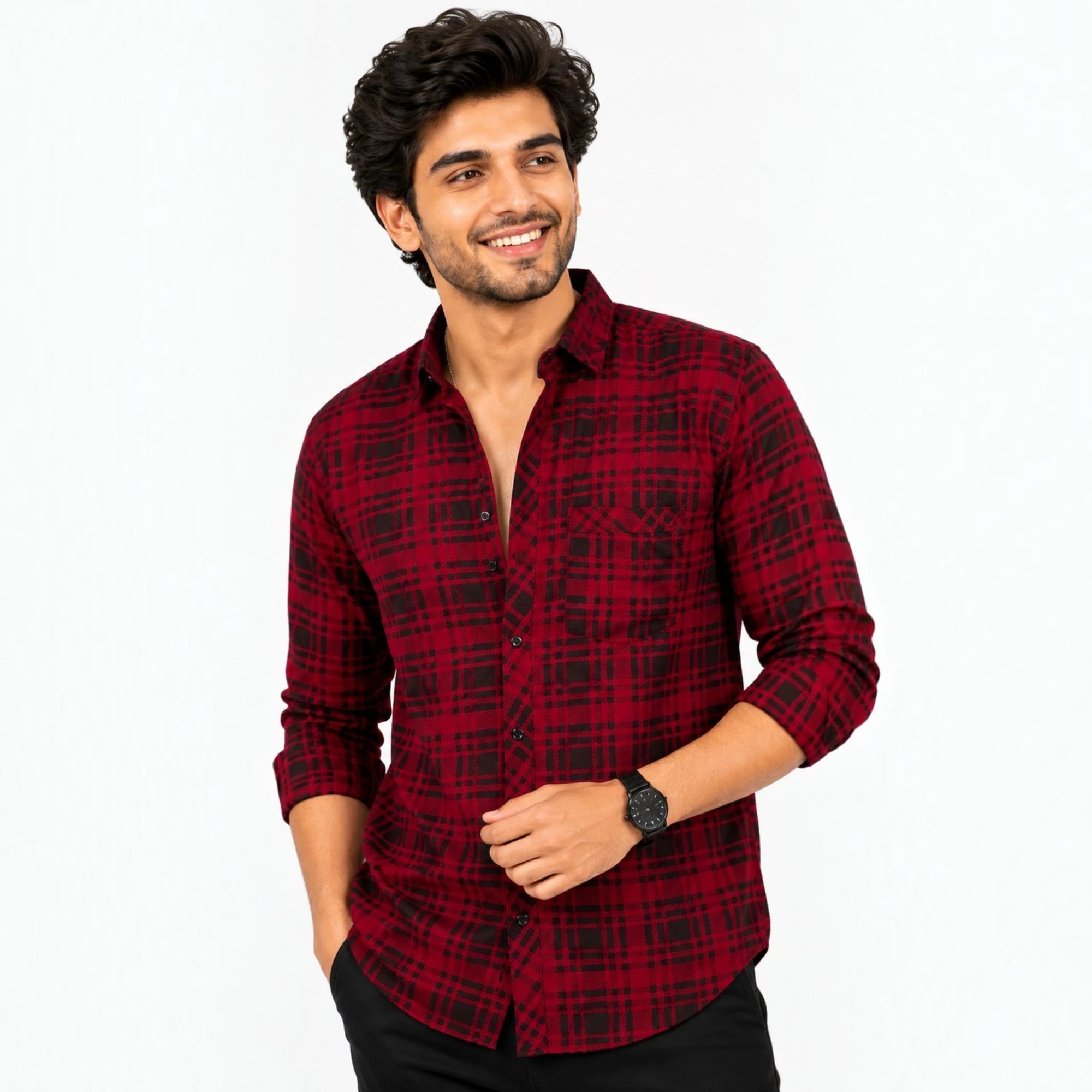Men's Red Black Checked Cotton Casual Shirt Front View | GarmentGlobe1