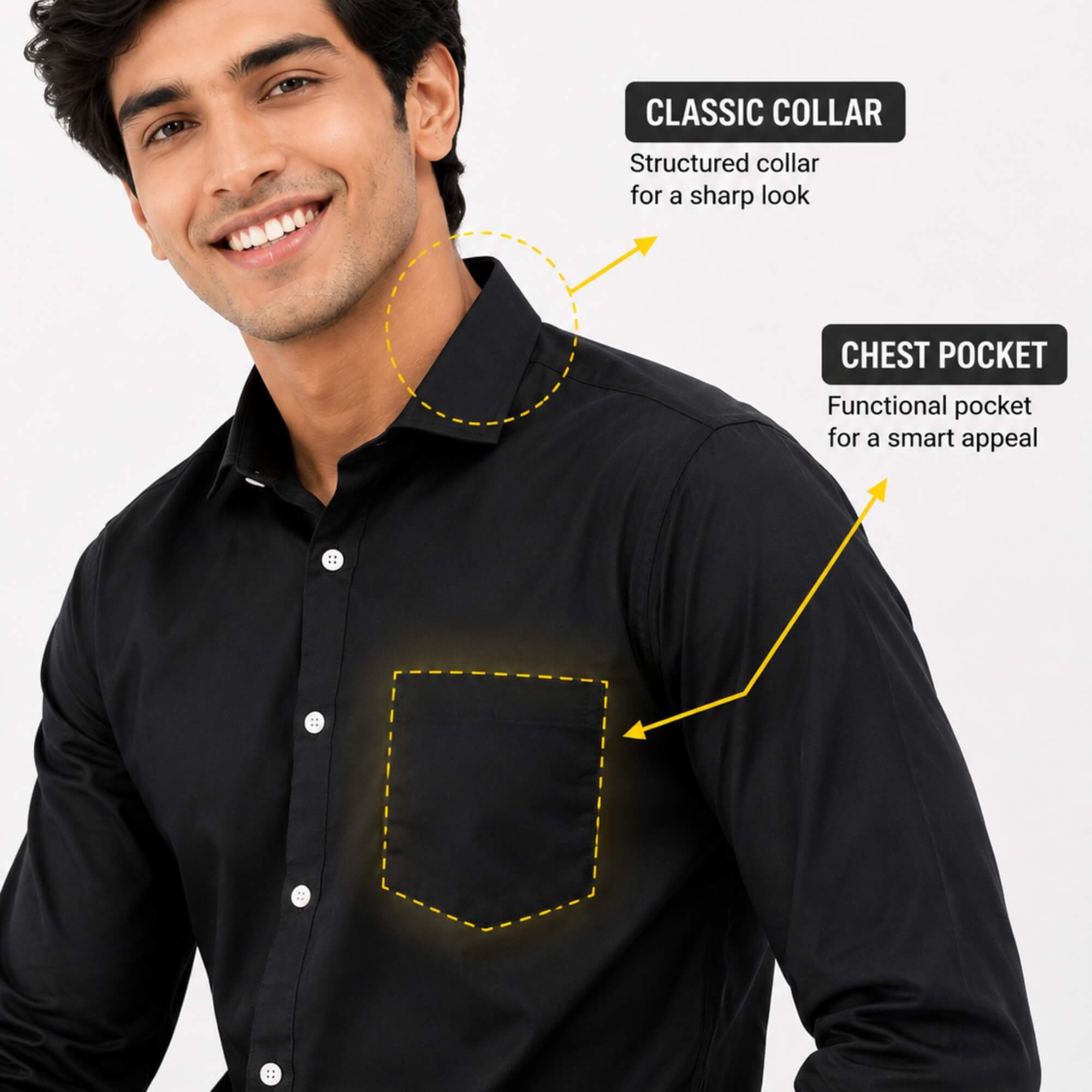 front look black shirt pocket showcase