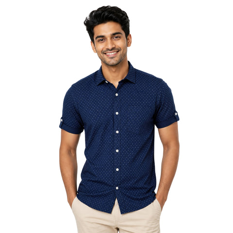 cotton half check shirt front look
