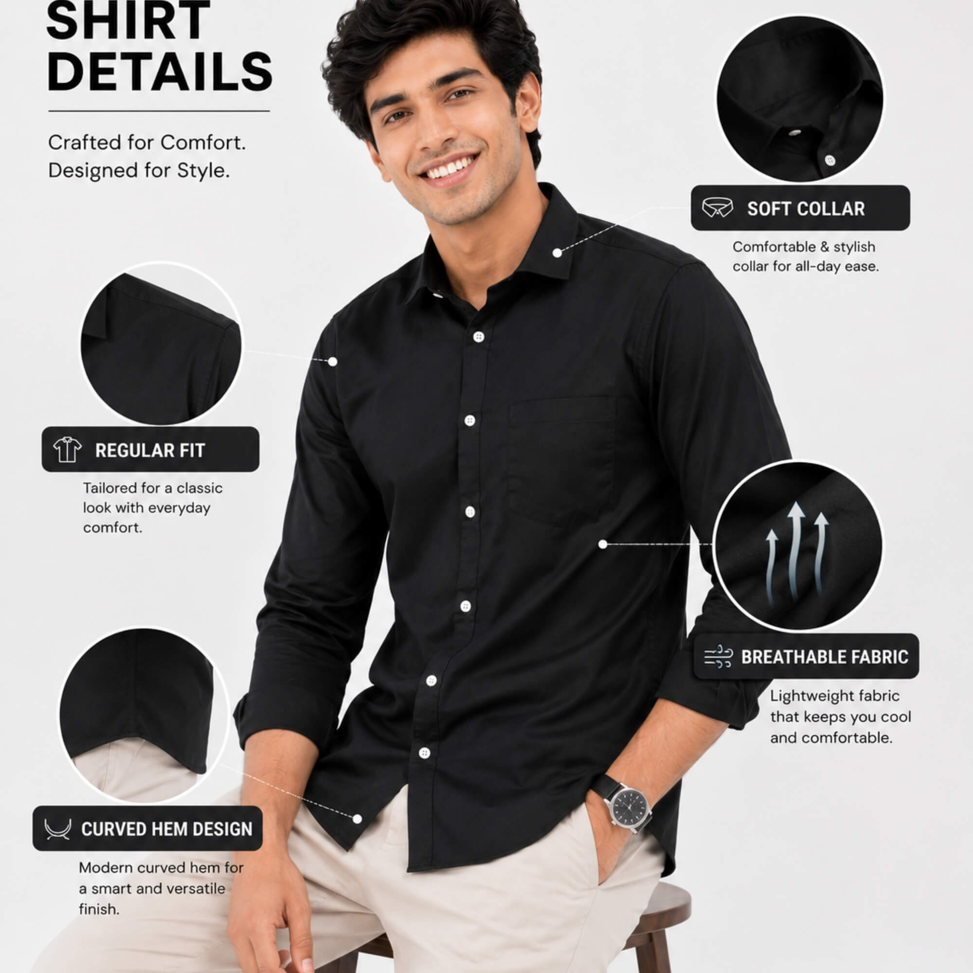 front look black shirt fabric deatail