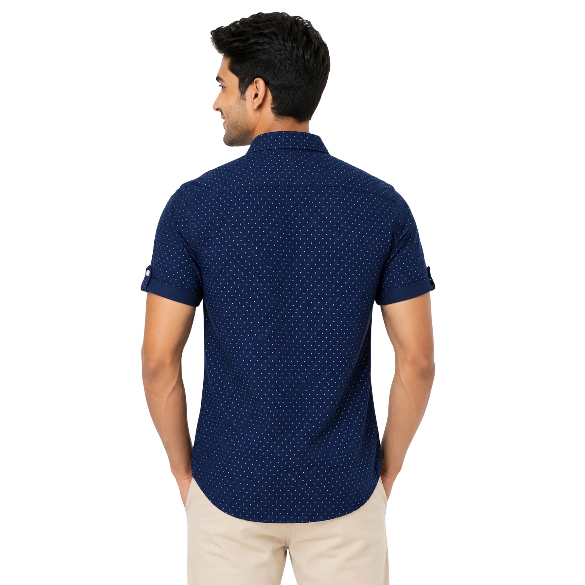 cotton half check shirt back look blue