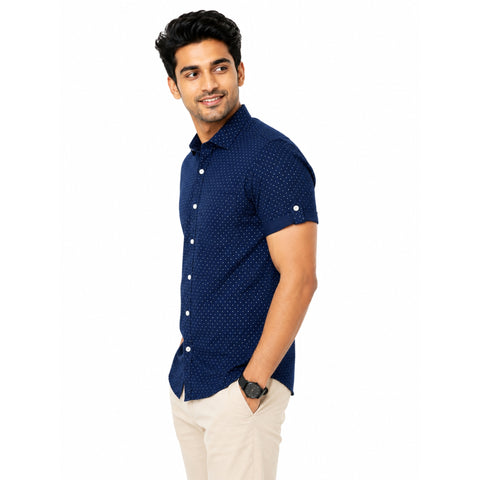 cotton half check shirt side look blue