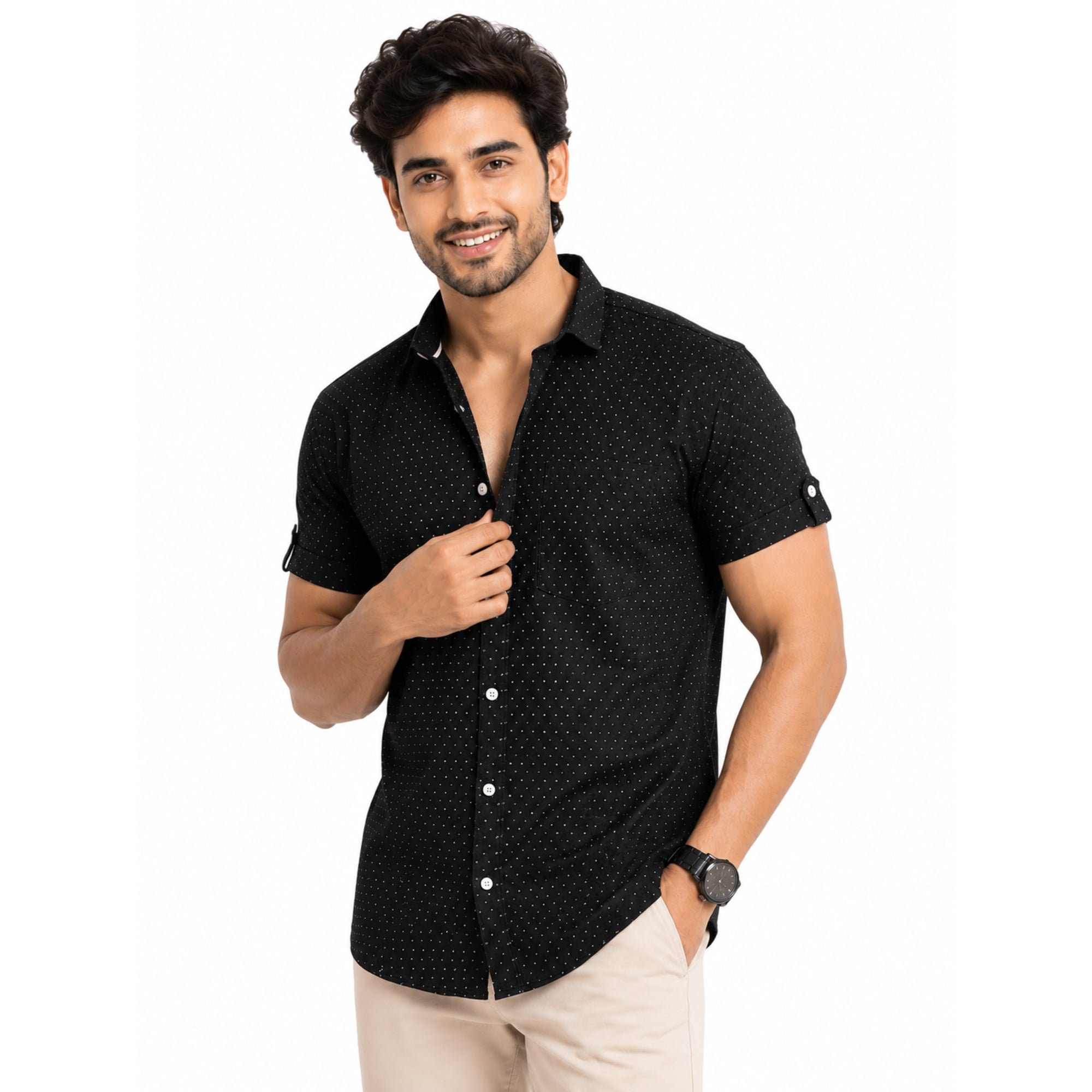 cotton half check shirt front look 