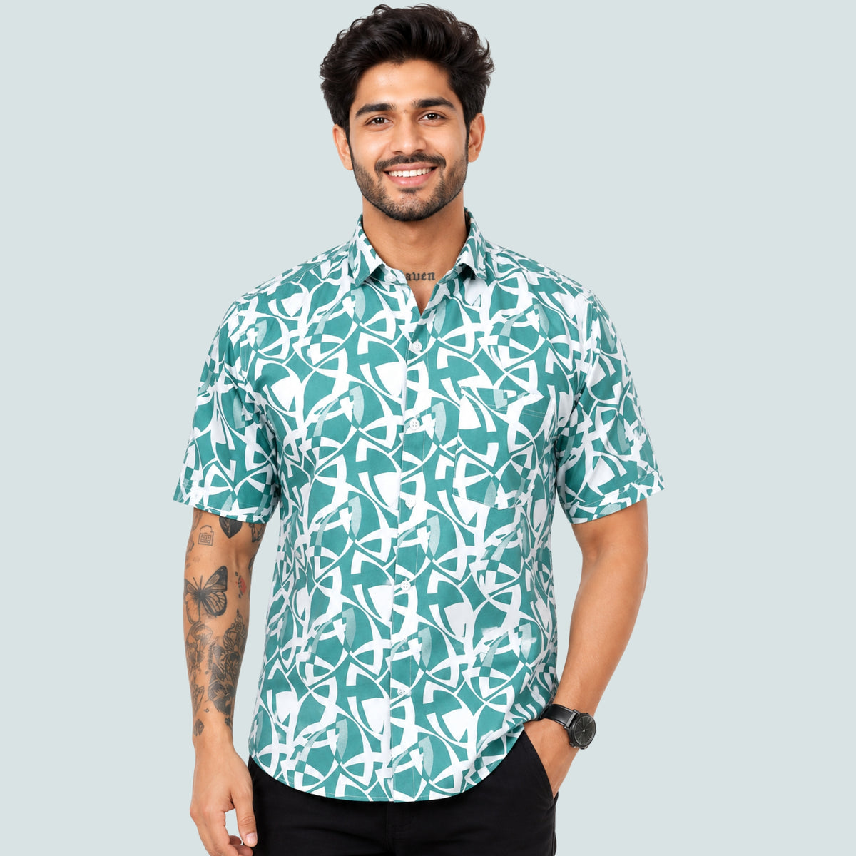 Men’s Half-Check Cotton Printed Half Sleeve Shirt