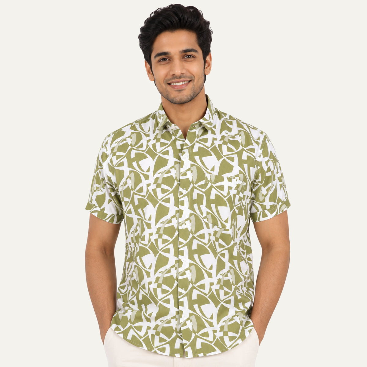 Men’s Half-Check Cotton Printed Beach Shirt