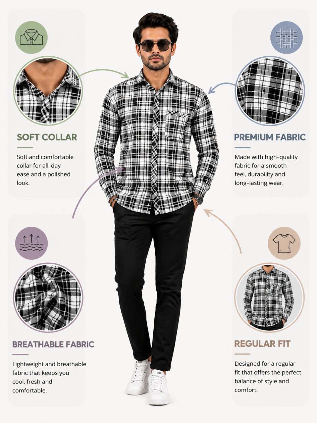 Men’s Black & White Checked Cotton Blend Full Sleeve Casual Shirt