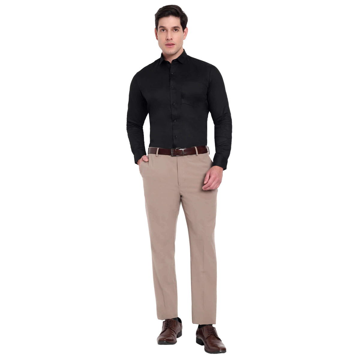 Men’s Slim Fit Cotton Formal Shirt – Black, Full Sleeves - Fabric & Detail View