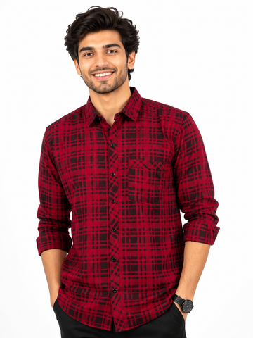 Garment Globe Men's Cotton Blend Checked Full Sleeve Casual Shirt – Regular Fit, Chest Pocket, Soft & Breathable Fabric (Red & Black)