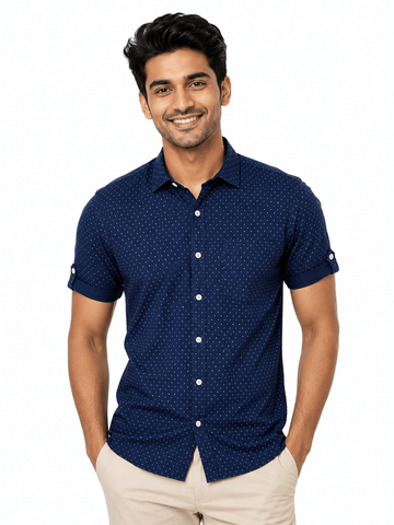 Men's Cotton Blend Casual Shirt | Half Sleeve Dot Printed Shirt | Regular Fit | Soft & Breathable Fabric | Stylish Collared Button-Down Summer Shirt for Men