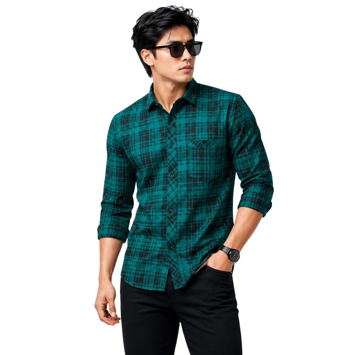 Men's Green & Black Plaid Casual Regular Fit Shirt