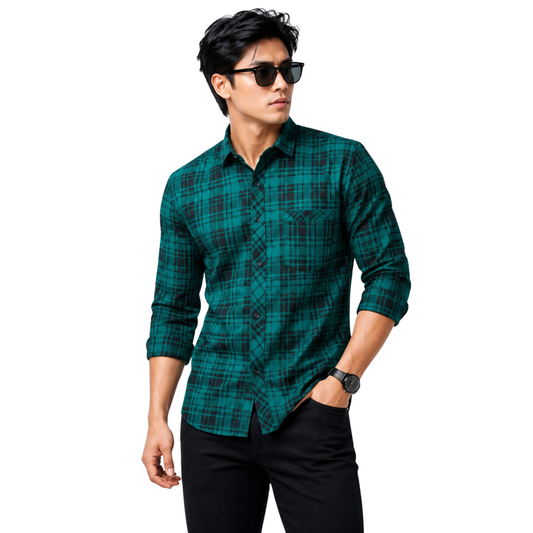 Men's Green & Black Plaid Casual Regular Fit Shirt