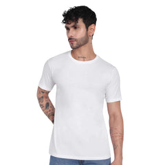 Model wearing a white 100% cotton t-shirt, perfect for casual and formal occasions, highlighting stylish design and durability.