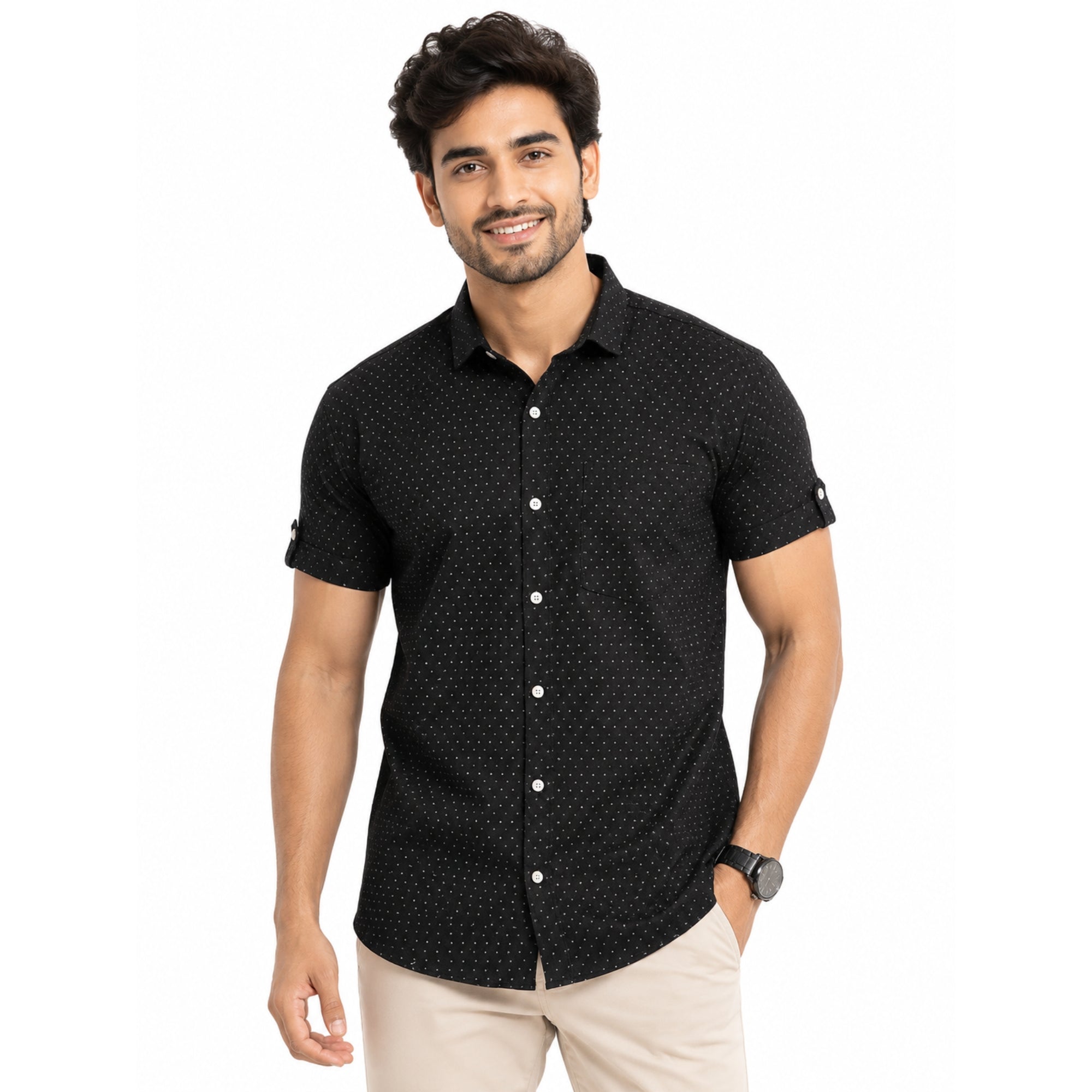 cotton half check shirt front look