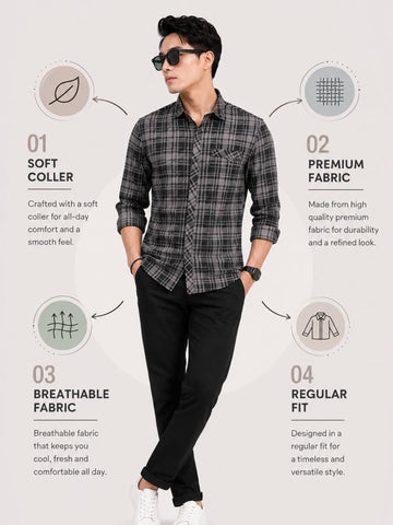 Men’s Black & Purple Checked Cotton Blend Full Sleeve Casual Shirt