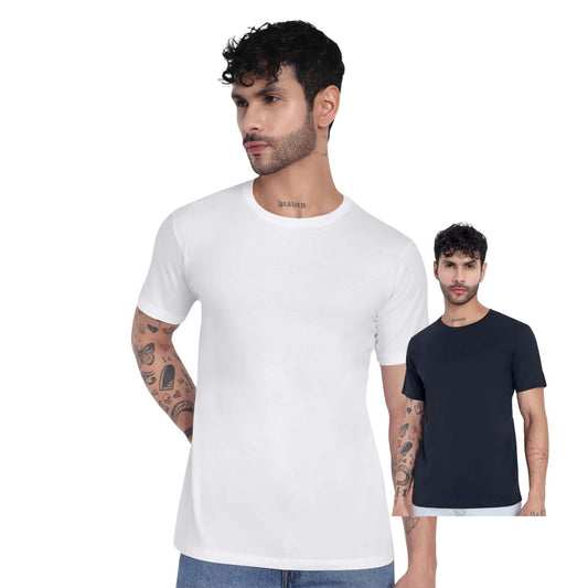 Pack of 2 round neck cotton t-shirts for men, featuring one white and one navy t-shirt for versatile styling.