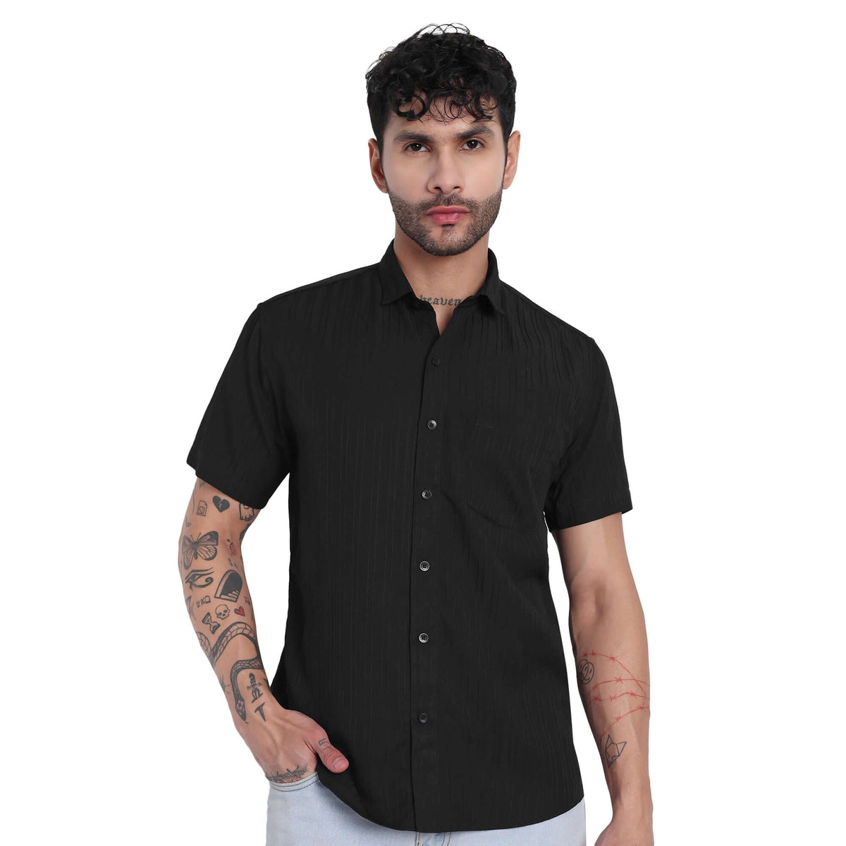 Men’s Half-Check Short Sleeve Shirt black color - GarmentGlobe Menswear Front View
