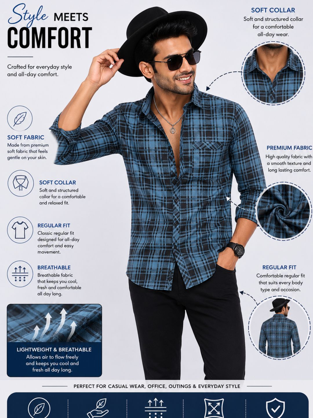 Men's Blue & Black Checked Casual Full Sleeve Shirt - GarmentGlobe