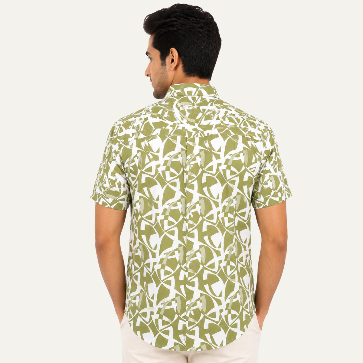 Men’s Half-Check Cotton Printed Beach Shirt - Fabric & Detail View