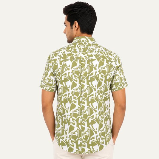 Men’s Half-Check Cotton Printed Beach Shirt