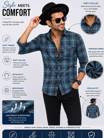 Men's Blue & Black Checked Casual Full Sleeve Shirt