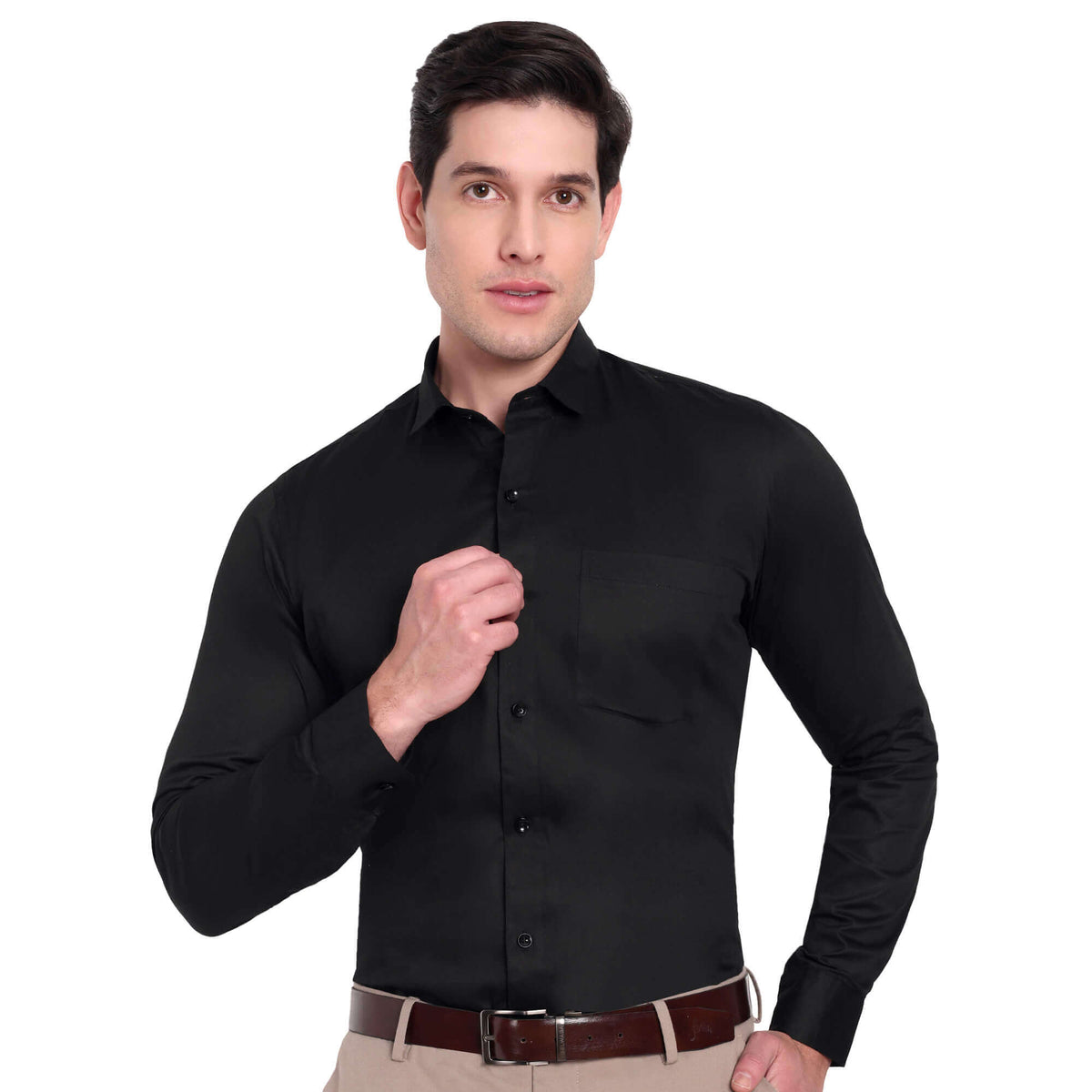 Men’s Slim Fit Cotton Formal Shirt – Black, Full Sleeves - GarmentGlobe Menswear Front View