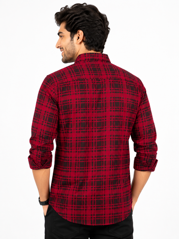 Garment Globe Men's Cotton Blend Checked Full Sleeve Casual Shirt – Regular Fit, Chest Pocket, Soft & Breathable Fabric (Red & Black)