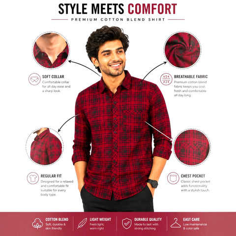 Features of Men's Red Black Checked Cotton Blend Shirt - Soft Collar, Breathable Fabric, Regular Fit