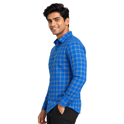 Garment Globe Men's Blue Check Shirt Khadi Cotton, Office & Home