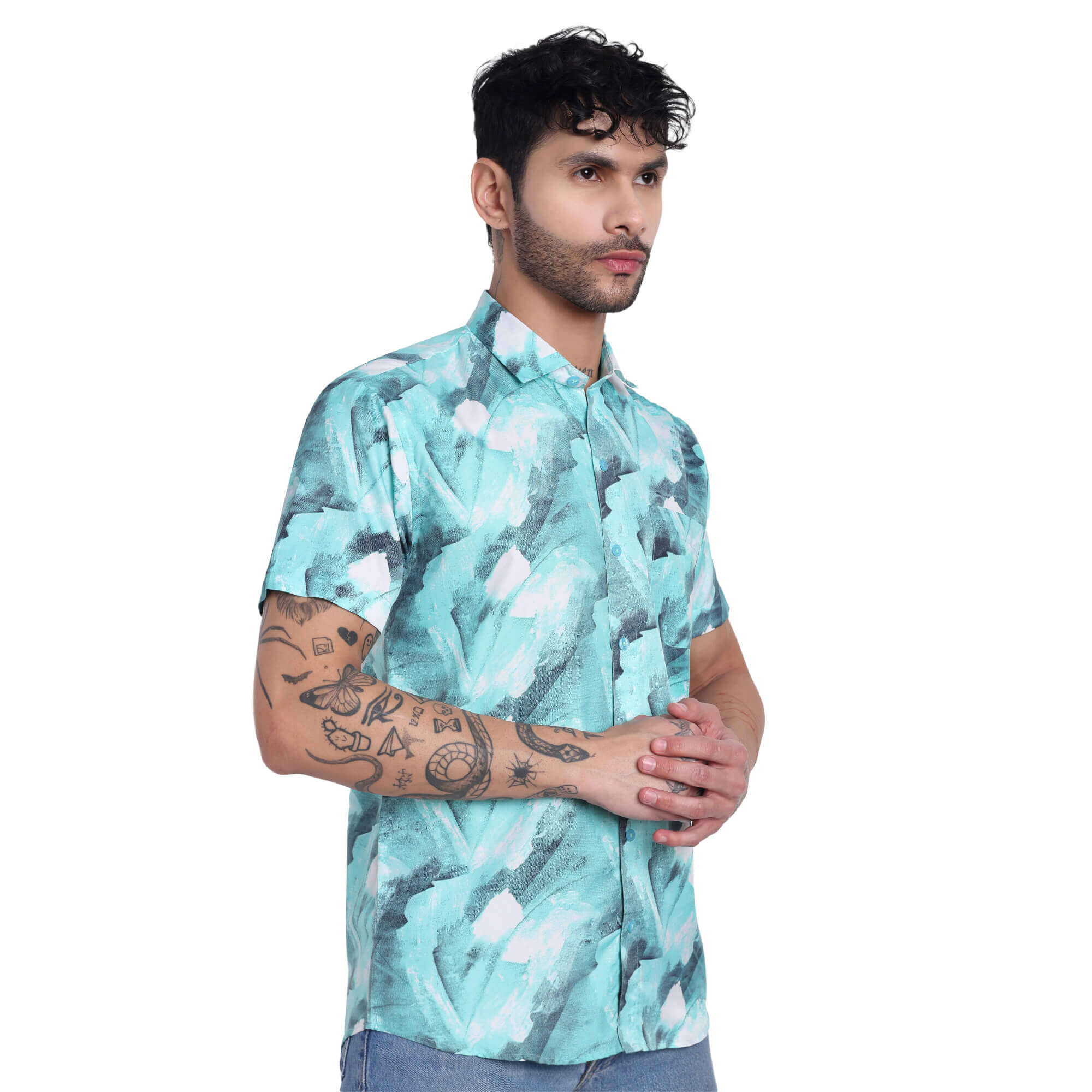 Model showcasing a trendy teal check pattern half shirt, perfect for casual outings or summer events.