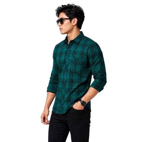 Men's Green & Black Plaid Casual Regular Fit Shirt