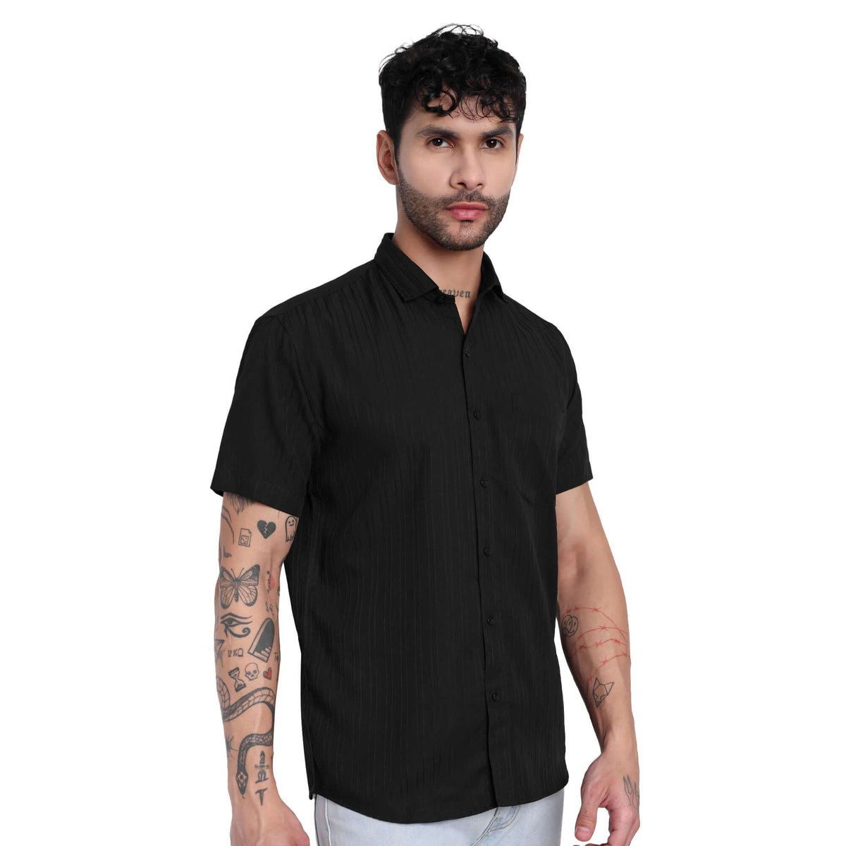 Men’s Half-Check Short Sleeve Shirt black color - Fabric & Detail View