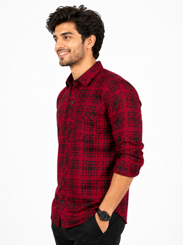 Garment Globe Men's Cotton Blend Checked Full Sleeve Casual Shirt – Regular Fit, Chest Pocket, Soft & Breathable Fabric (Red & Black)