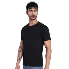 Black round neck cotton t-shirt for men, stylish and comfortable essential from Garment Globe.
