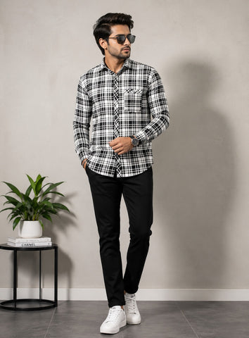 Men’s Black & White Checked Cotton Blend Full Sleeve Casual Shirt