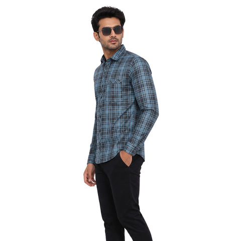 Men's Blue & Black Checked Casual Full Sleeve Shirt