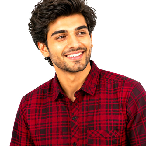Close-up of Men's Red Black Checked Cotton Casual Shirt Fabric and Collar