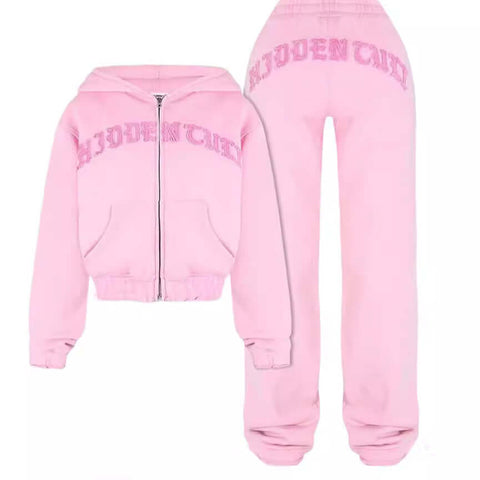 Ins Letter Sports Suit Zip-up Hooded Cropped Sweatshirt Top And Loose Drawstring Trousers Fashion Womens Clothing GarmentGlobe