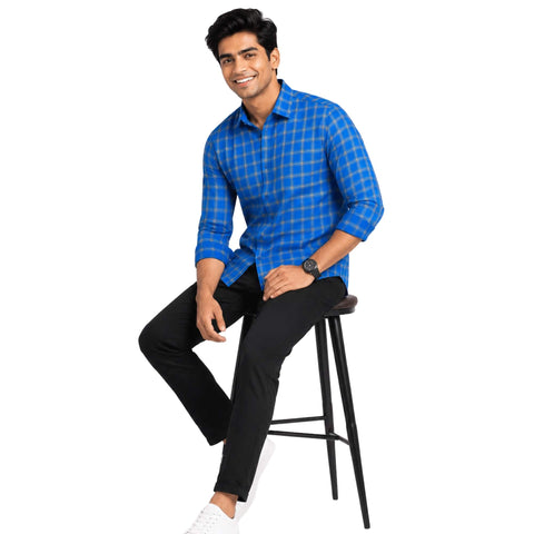Garment Globe Men's Blue Check Shirt Khadi Cotton, Office & Home