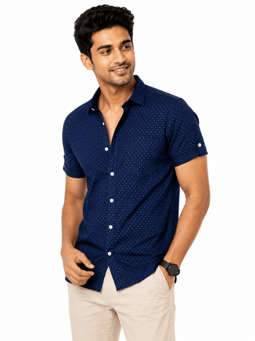 Men's Cotton Blend Casual Shirt | Half Sleeve Dot Printed Shirt | Regular Fit | Soft & Breathable Fabric | Stylish Collared Button-Down Summer Shirt for Men