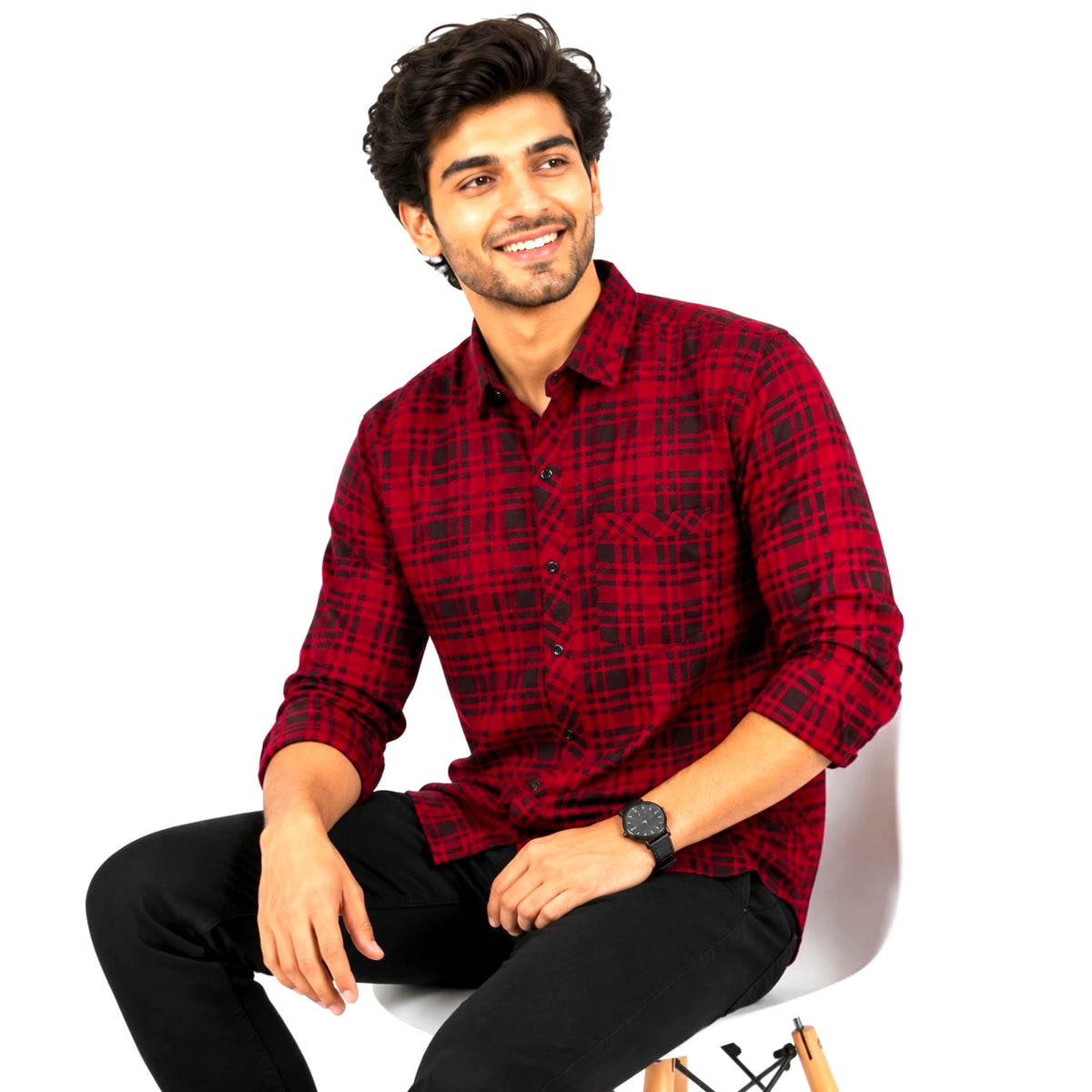 Men's Red Black Checkered Cotton Shirt Regular Fit | GarmentGlobe