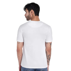 Back view of a man wearing a plain white cotton round neck t-shirt from Garment Globe.